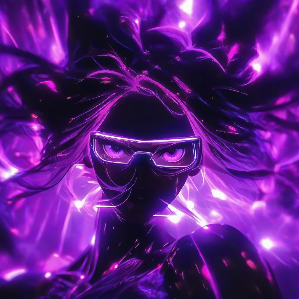  cinematic photo a girl with pink eyes standing in front of a purple light, anime epic artwork, technological sunglasses, malicious, wlop : :, bright purple glowing water, rage, black square glasses, corrupted, streaming on twitch, 2 d cg, || very anime, unknown, malevolent, purple . 35mm photograph, film, bokeh, professional, 4k, highly detailed hyperrealistic, full body, detailed clothing, highly detailed, cinematic lighting, stunningly beautiful, intricate, sharp focus, f/1. 8, 85mm, (centered image composition), (professionally color graded), ((bright soft diffused light)), volumetric fog, trending on instagram, trending on tumblr, HDR 4K, 8K