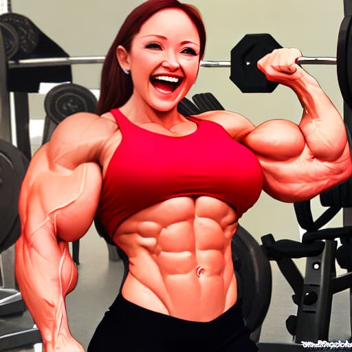   peach, female bodybuilder, enormous muscles, , laughing
