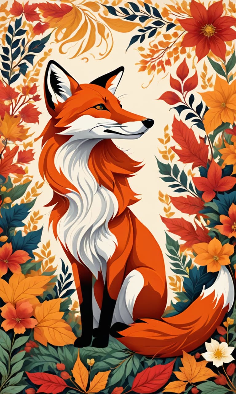  (Poster image: 1,2). (Flat fill: 1,2) with local colors (no light shading, no volume: 1,2). Simplicity, primitive. (Silhouette: 1,8) animal fox:: filled with flowers and fanciful leaves in a complex ornamental weave. Against a background of flowers and autumn leaves, vegetal ornamentation. Complex fauvism, surrealist abstractionism. In the style of works by Henri Matisse, Luis Royo and Minjae Lee. High quality. hyperrealistic, full body, detailed clothing, highly detailed, cinematic lighting, stunningly beautiful, intricate, sharp focus, f/1. 8, 85mm, (centered image composition), (professionally color graded), ((bright soft diffused light)), volumetric fog, trending on instagram, trending on tumblr, HDR 4K, 8K