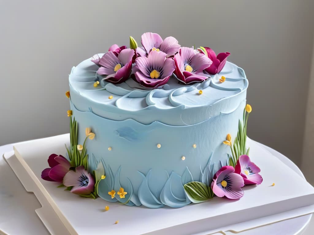  A closeup, ultradetailed image of a perfectly frosted multilayered cake with intricate piping designs in pastel colors, sitting on a marble countertop. The frosting is smooth and glossy, with delicate edible flowers cascading down one side. Each piping detail is precise and flawless, showcasing the skill and artistry required to excel in baking competitions. The minimalistic style highlights the beauty and craftsmanship of the cake without any distractions. hyperrealistic, full body, detailed clothing, highly detailed, cinematic lighting, stunningly beautiful, intricate, sharp focus, f/1. 8, 85mm, (centered image composition), (professionally color graded), ((bright soft diffused light)), volumetric fog, trending on instagram, trending on tumblr, HDR 4K, 8K