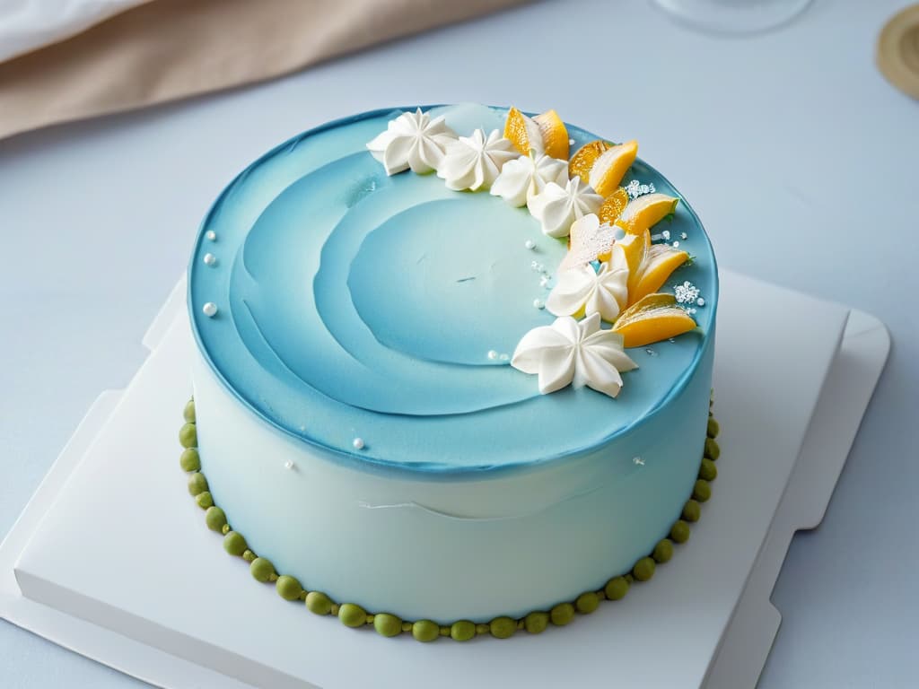  A closeup, minimalist image of an intricately decorated pastry, showcasing fine details like delicate piping work, vibrant colors, and shimmering edible embellishments. The focus is on the artistry and craftsmanship of the dessert, highlighting the precision and skill required in the field of international pastry certification. hyperrealistic, full body, detailed clothing, highly detailed, cinematic lighting, stunningly beautiful, intricate, sharp focus, f/1. 8, 85mm, (centered image composition), (professionally color graded), ((bright soft diffused light)), volumetric fog, trending on instagram, trending on tumblr, HDR 4K, 8K