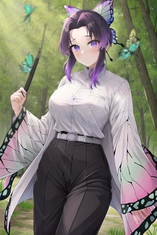  ranger women,khaki high waist pants,white shirt,in forest,masterpiece, best quality, kochou shinobu, multicolored hair, no bangs, hair intakes, purple eyes, forehead, black shirt, black pants, haori, butterfly, buttons, belt