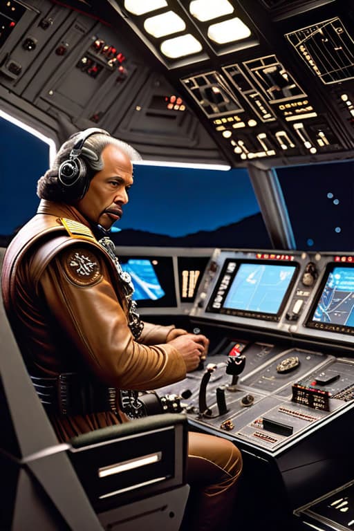  A photorealistic picture of the millennium falcon cockpit. There are two people inside. The first is Buford T. Justice from the Smokey and the Bandit films. He is the captain. The second is Kareem Abdul Jabbar, the co pilot. hyperrealistic, full body, detailed clothing, highly detailed, cinematic lighting, stunningly beautiful, intricate, sharp focus, f/1. 8, 85mm, (centered image composition), (professionally color graded), ((bright soft diffused light)), volumetric fog, trending on instagram, trending on tumblr, HDR 4K, 8K