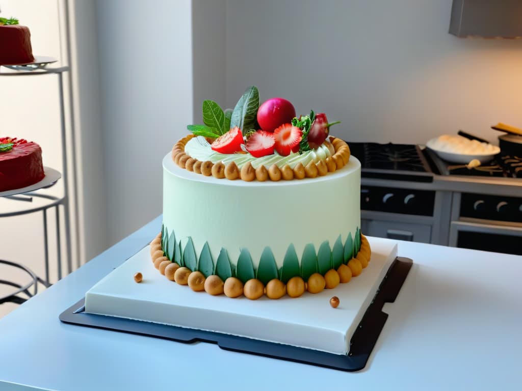  A minimalistic image of a sleek, modern kitchen filled with an array of vibrant, fresh ingredients neatly organized on white marble countertops. A ray of sunlight streams in through a large window, illuminating the scene and casting soft shadows across the room. In the background, a professional chef's hands expertly craft a beautifully decorated vegan cake, showcasing precision and artistry in vegan pastry making. The overall aesthetic is clean, elegant, and visually appealing, perfectly capturing the essence of innovation and flavor in exclusive vegan baking workshops. hyperrealistic, full body, detailed clothing, highly detailed, cinematic lighting, stunningly beautiful, intricate, sharp focus, f/1. 8, 85mm, (centered image composition), (professionally color graded), ((bright soft diffused light)), volumetric fog, trending on instagram, trending on tumblr, HDR 4K, 8K