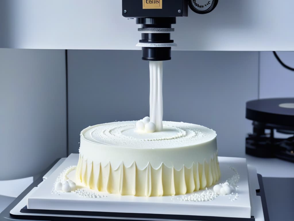  An ultradetailed image of a sleek, modern 3D printer in action, meticulously crafting intricate and delicate sugar decorations for a cake. The printer's nozzle moves gracefully, depositing layers of edible materials with precision, showcasing the innovative technology's capabilities in enhancing pastry designs. The overall aesthetic is clean, with a focus on the mesmerizing beauty of the printing process, capturing the essence of blending cuttingedge techniques with traditional culinary artistry. hyperrealistic, full body, detailed clothing, highly detailed, cinematic lighting, stunningly beautiful, intricate, sharp focus, f/1. 8, 85mm, (centered image composition), (professionally color graded), ((bright soft diffused light)), volumetric fog, trending on instagram, trending on tumblr, HDR 4K, 8K