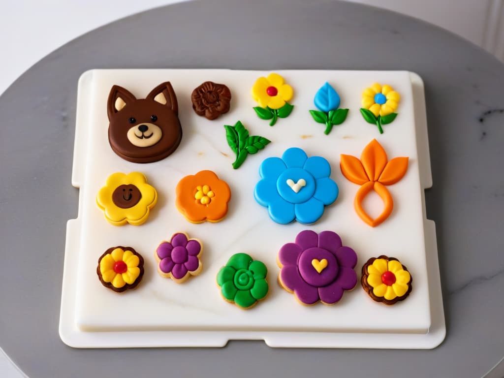  A closeup, ultradetailed image of a set of colorful and uniquely shaped cookie cutters arranged neatly on a sleek, white marble countertop. Each cutter is intricately designed, showcasing various themes like animals, flowers, and geometric patterns, with a focus on precision and creativity. The natural light filters in, casting soft shadows that highlight the impeccable craftsmanship of the cutters, inviting the viewer to explore the world of imaginative baking. hyperrealistic, full body, detailed clothing, highly detailed, cinematic lighting, stunningly beautiful, intricate, sharp focus, f/1. 8, 85mm, (centered image composition), (professionally color graded), ((bright soft diffused light)), volumetric fog, trending on instagram, trending on tumblr, HDR 4K, 8K