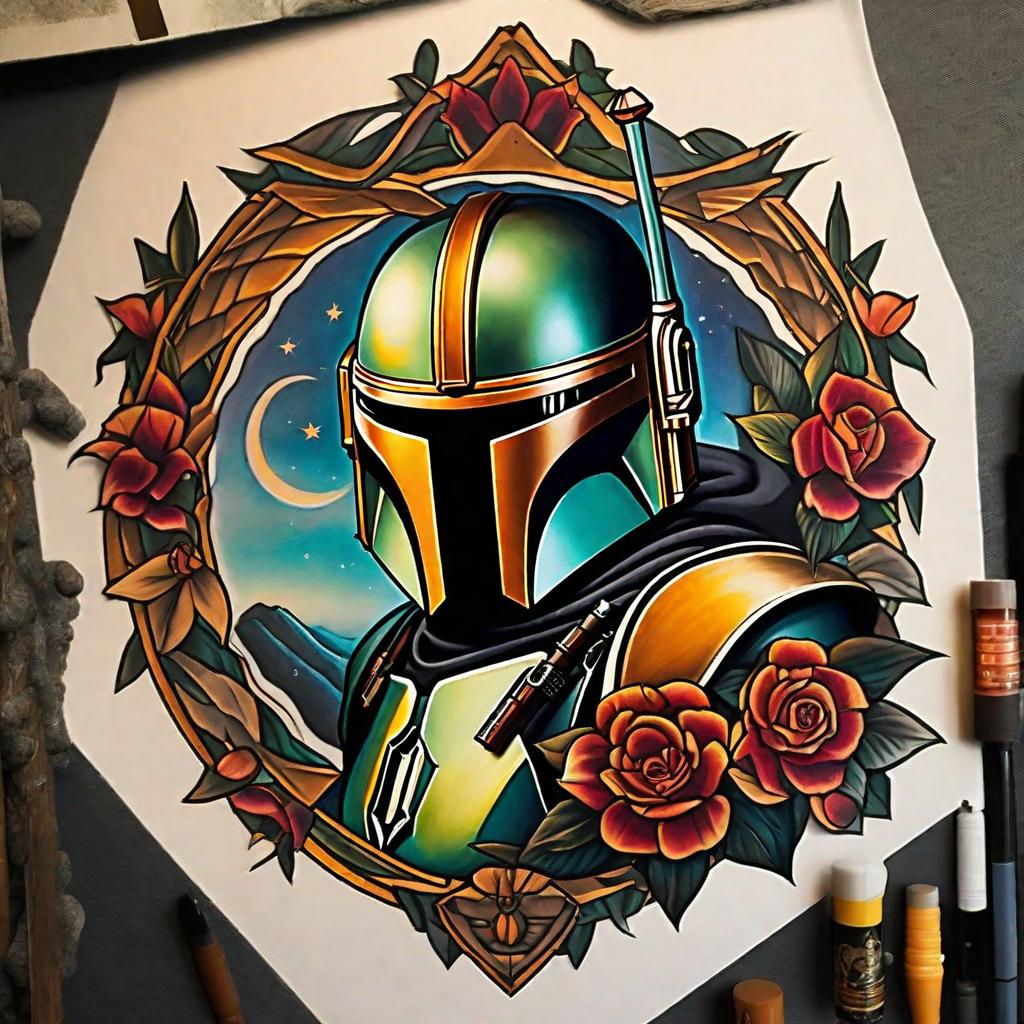  masterpiece, best quality, Mandolorian tattoo