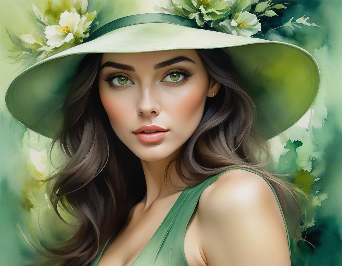  abstract expressionist painting More about Serene Beauty in Green Hat The artwork depicts a young woman with hazel eyes, wavy dark hair, and a serene expression under a light green hat. The watercolor background blends floral and abstract elements, creating a romantic and ethereal atmosphere. The composition is vibrant, detailed, and hyperrealistic. . energetic brushwork, bold colors, abstract forms, expressive, emotional hyperrealistic, full body, detailed clothing, highly detailed, cinematic lighting, stunningly beautiful, intricate, sharp focus, f/1. 8, 85mm, (centered image composition), (professionally color graded), ((bright soft diffused light)), volumetric fog, trending on instagram, trending on tumblr, HDR 4K, 8K