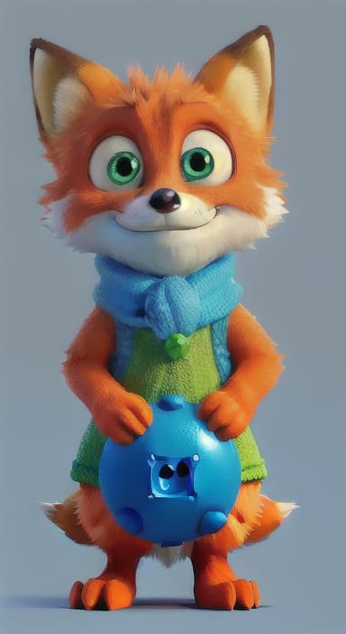  {Error the fox pressing the blue button with his paw, looking puzzled as nothing occurs., Error is a small, bright orange fox with a fluffy tail and big, inquisitive eyes. He has a mischievous yet kind expression and wears a tiny green scarf.