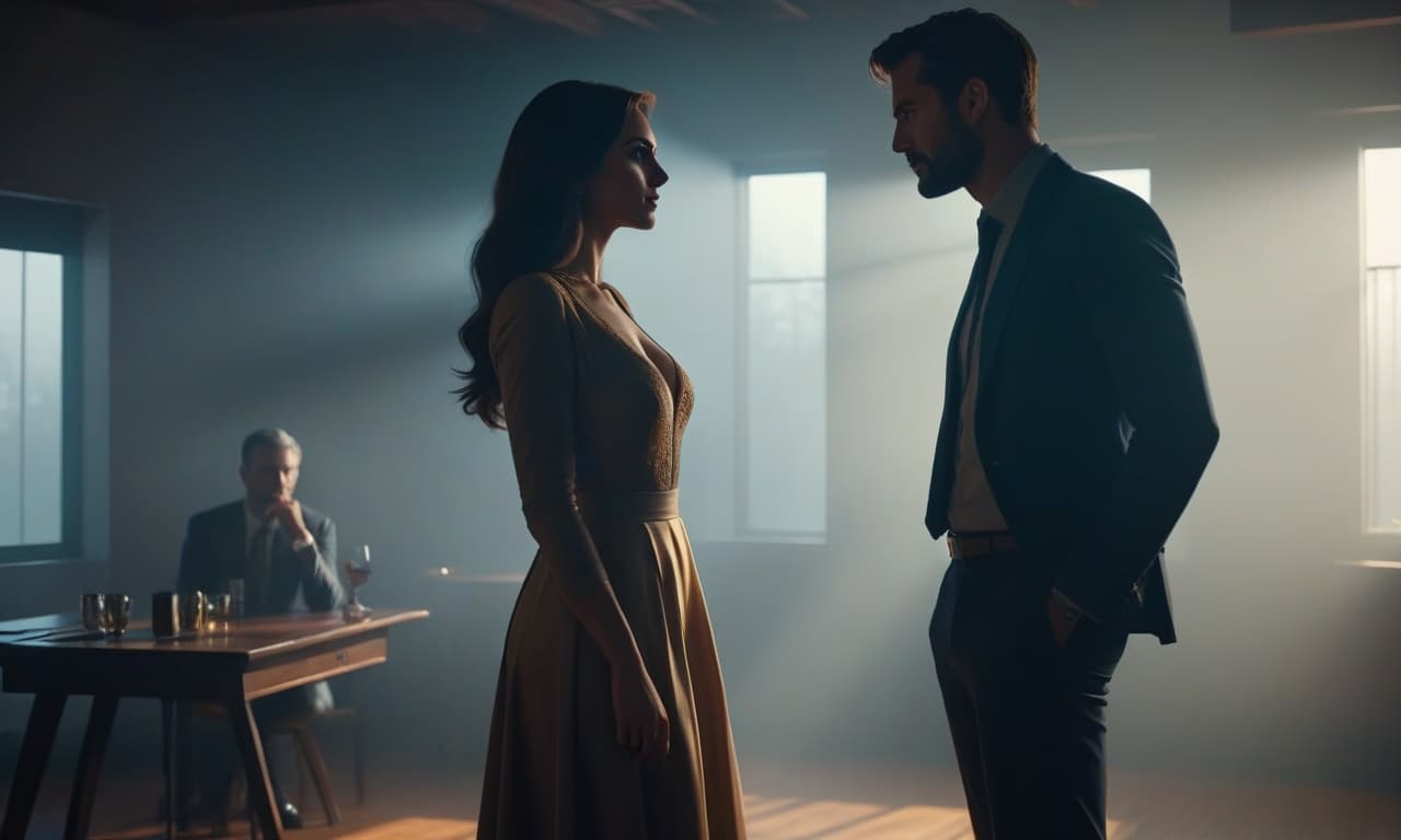  A girl and a man are close in the room, infatuated with each other. hyperrealistic, full body, detailed clothing, highly detailed, cinematic lighting, stunningly beautiful, intricate, sharp focus, f/1. 8, 85mm, (centered image composition), (professionally color graded), ((bright soft diffused light)), volumetric fog, trending on instagram, trending on tumblr, HDR 4K, 8K