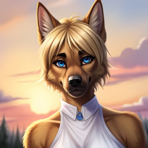  Anthro, Female, German Shepard, blue eyes, blond short hair, open eyes, digital art, masterpiece, 4k, fine details,