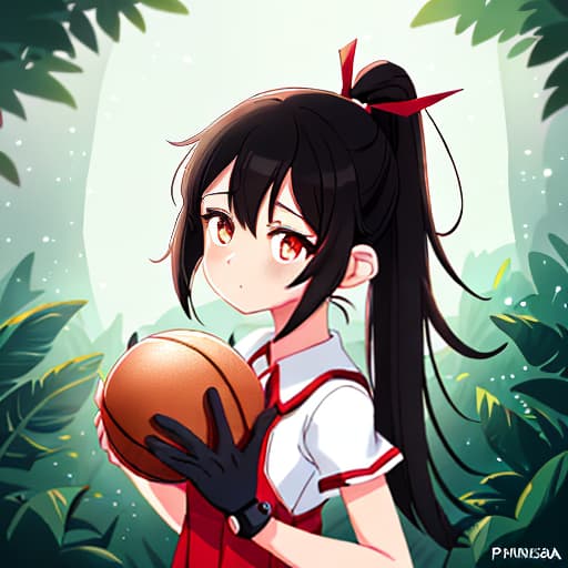  anime girl black hair bright dark brown eyes red and white basketball uniform with the number 18 and the name Nicky white and black shoes Have your hair in a medium high ponytail with two strands on the sides of your ears, have a basketball and look full body Pastel Palette, Da Vinci's Dreams, Picasso's , Sunrise Splendors, Floral Fantasy, Mystical Moonscapes, Urban Nature, Crystal Clear, Cinematic hyperrealistic, full body, detailed clothing, highly detailed, cinematic lighting, stunningly beautiful, intricate, sharp focus, f/1. 8, 85mm, (centered image composition), (professionally color graded), ((bright soft diffused light)), volumetric fog, trending on instagram, trending on tumblr, HDR 4K, 8K