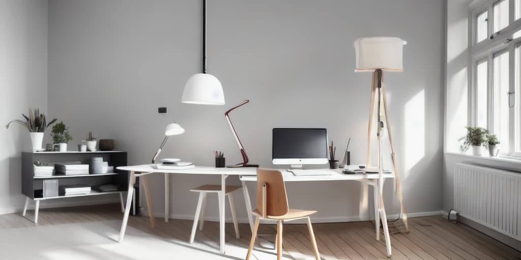  create a office in the scandinavian style, (((computer))), (((printer))), (((table))), (((floor lamp))), (((chair office))), norwegian nature, simple designs, in the style of light gray and light beiges, light woody elements, symmetric, ceramics, subtle colours, crisp detailing, packed with hidden details