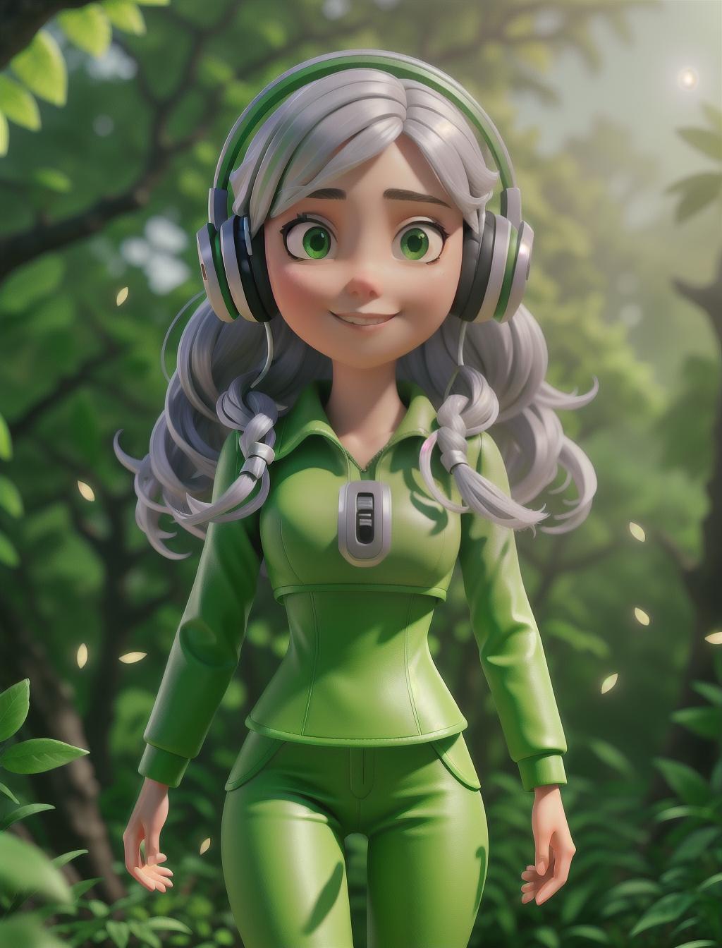  a cute cyborg girl with silver hair standing in a green forest, Dynamic Background, Vibrant Color, wearing a headset, enjoying music hyperrealistic, full body, detailed clothing, highly detailed, cinematic lighting, stunningly beautiful, intricate, sharp focus, f/1. 8, 85mm, (centered image composition), (professionally color graded), ((bright soft diffused light)), volumetric fog, trending on instagram, trending on tumblr, HDR 4K, 8K