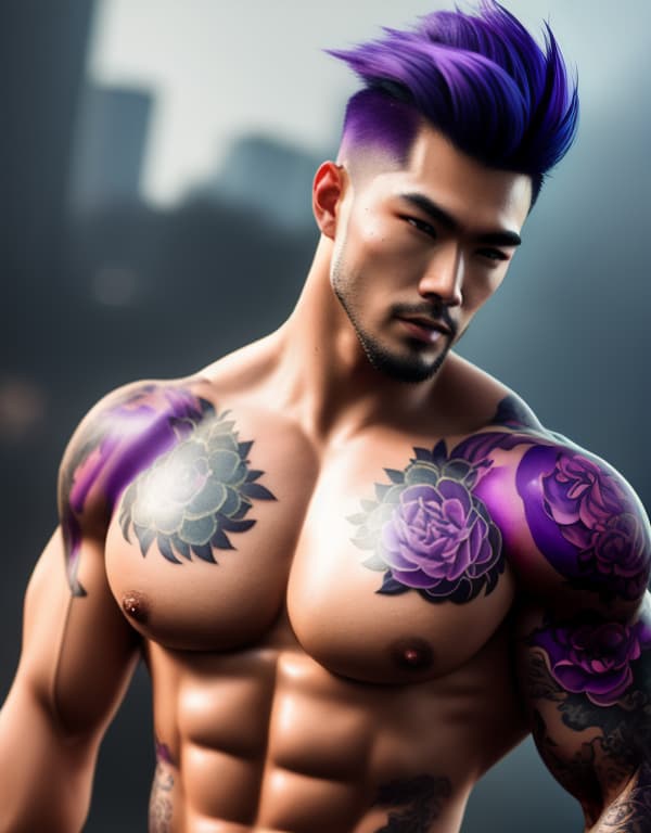  muscle, tattooed Chinese beautiful boy with purple lace and purple hair in river， whole dorsal body，chest hair hyperrealistic, full body, detailed clothing, highly detailed, cinematic lighting, stunningly beautiful, intricate, sharp focus, f/1. 8, 85mm, (centered image composition), (professionally color graded), ((bright soft diffused light)), volumetric fog, trending on instagram, trending on tumblr, HDR 4K, 8K