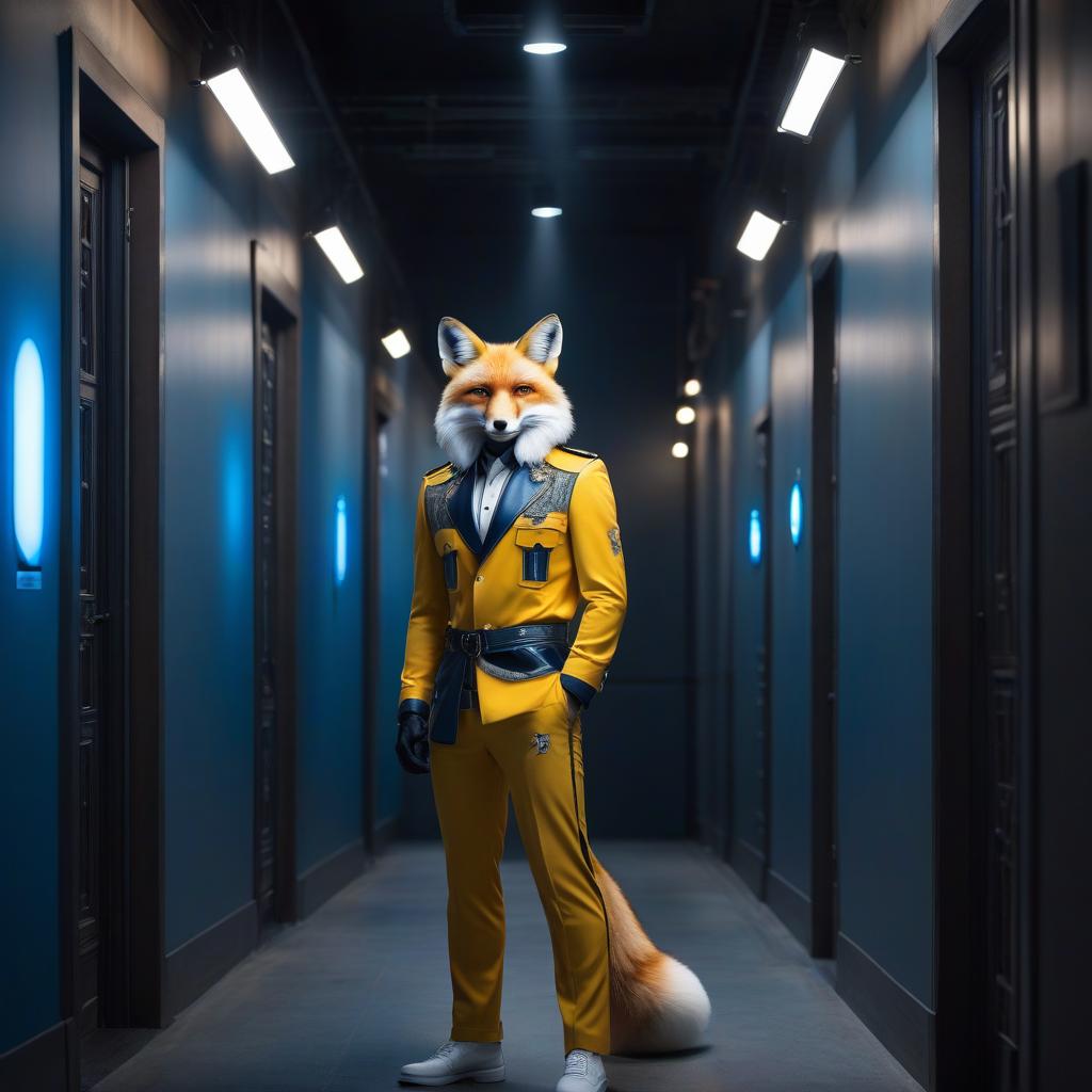  Realistically, a handsome man a blonde, The man has fox ears, long hair, the man has yellow eyes, and pants, leaning his back against a corridor wall illuminated by blue spotlights, sharp focus, clear eyes, well drawn details, brightly colored eyes, fantastic art, intricate design, highly detailed, clear focus, 8k, high resolution, elegant. hyperrealistic, full body, detailed clothing, highly detailed, cinematic lighting, stunningly beautiful, intricate, sharp focus, f/1. 8, 85mm, (centered image composition), (professionally color graded), ((bright soft diffused light)), volumetric fog, trending on instagram, trending on tumblr, HDR 4K, 8K