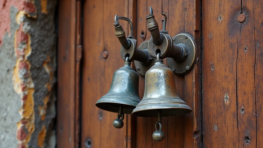  good quality, high quality, old rusty metal bell hanging on wooden door