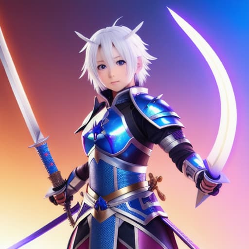  1girl, japanese armor, white hair, purple eyes, sword, ((holding sword)), blue flames, glowing weapon, light particles, wallpaper, chromatic aberration