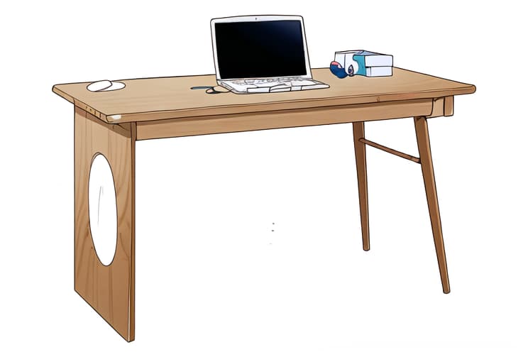  a cartoon desk,and a computer and a book on the desk,a clean and crisp anime illustration with bold outlines, smooth shading,cell shaded, crisp ,flat colors, and a minimalistic background.