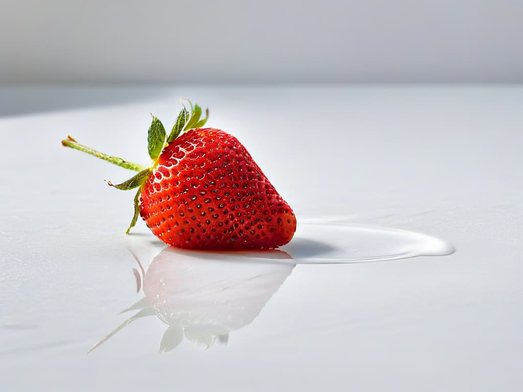  A closeup, ultradetailed image of a perfectly ripe, organic strawberry sitting on a pristine white, marble countertop. The strawberry is glistening with droplets of water, showcasing its freshness and vibrancy. The lighting is soft, casting a subtle shadow that adds depth to the image. The minimalistic composition highlights the natural beauty and allure of the organic fruit, making it an enticing visual for the article on sourcing the best organic ingredients for baking. hyperrealistic, full body, detailed clothing, highly detailed, cinematic lighting, stunningly beautiful, intricate, sharp focus, f/1. 8, 85mm, (centered image composition), (professionally color graded), ((bright soft diffused light)), volumetric fog, trending on instagram, trending on tumblr, HDR 4K, 8K