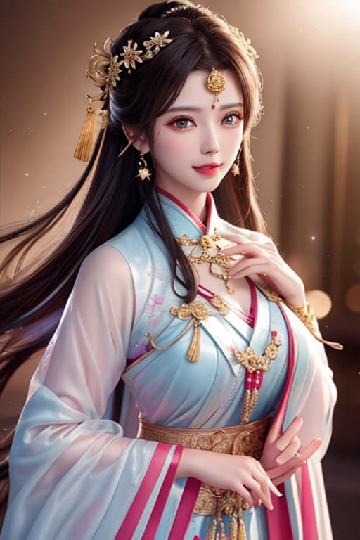  best quality, masterpiece, highres, 1girl,blush,(seductive smile:0.8),star shaped pupils,china hanfu,hair ornament,necklace, jewelry,Beautiful face,upon body, tyndall effect,photorealistic, dark studio, rim lighting, two tone lighting,(high detailed skin:1.2), 8k uhd, dslr, soft lighting, high quality, volumetric lighting, candid, Photograph, high resolution, 4k, 8k, Bokeh hyperrealistic, full body, detailed clothing, highly detailed, cinematic lighting, stunningly beautiful, intricate, sharp focus, f/1. 8, 85mm, (centered image composition), (professionally color graded), ((bright soft diffused light)), volumetric fog, trending on instagram, trending on tumblr, HDR 4K, 8K