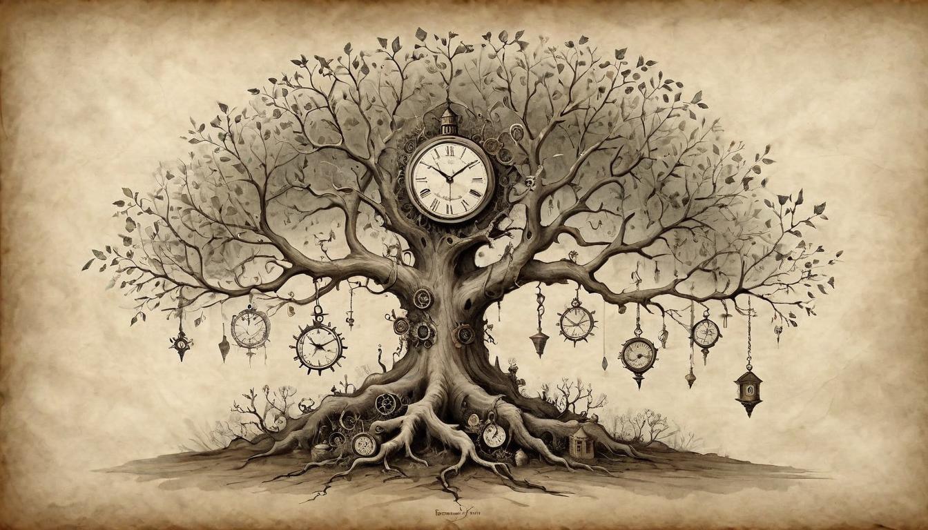  on parchment, surrealism+++, A barren tree amidst flourishing ones, its roots entangled with dismantled clockworks, symbol of disrupted growth, isolation(mysterious, provocative, symbolic,muted color)+++