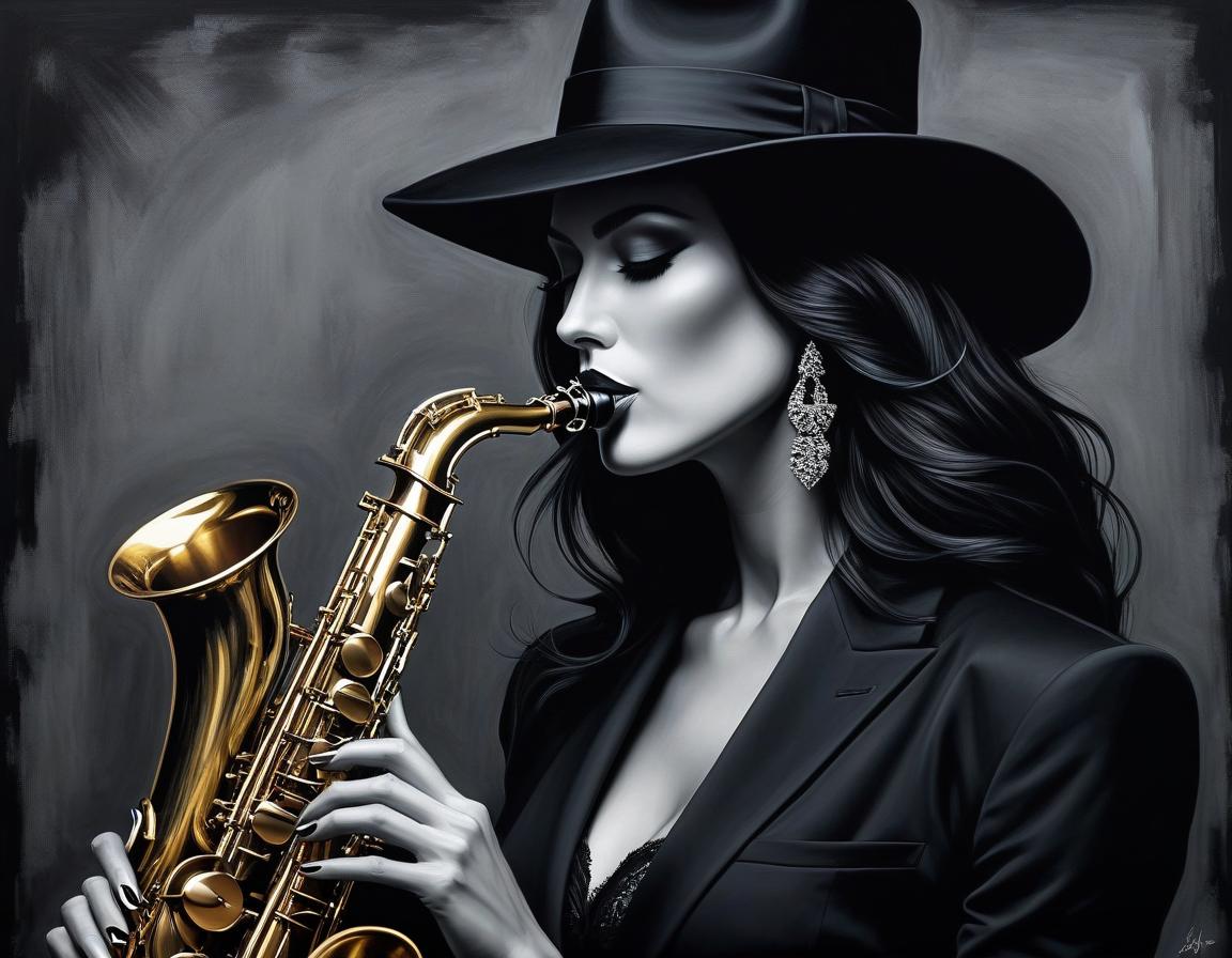  surrealist art An exquisite depiction of woman in a black hat playing the saxophone, with Louis Jover and Drew Darcy inspired style. The artwork is highly detailed, elegant, and intricate, featuring dynamic lighting and imperial colors. It is a stunning piece with a surreal and ultra realistic touch, created using oil on canvas with a focus on sharp details . dreamlike, mysterious, provocative, symbolic, intricate, detailed hyperrealistic, full body, detailed clothing, highly detailed, cinematic lighting, stunningly beautiful, intricate, sharp focus, f/1. 8, 85mm, (centered image composition), (professionally color graded), ((bright soft diffused light)), volumetric fog, trending on instagram, trending on tumblr, HDR 4K, 8K