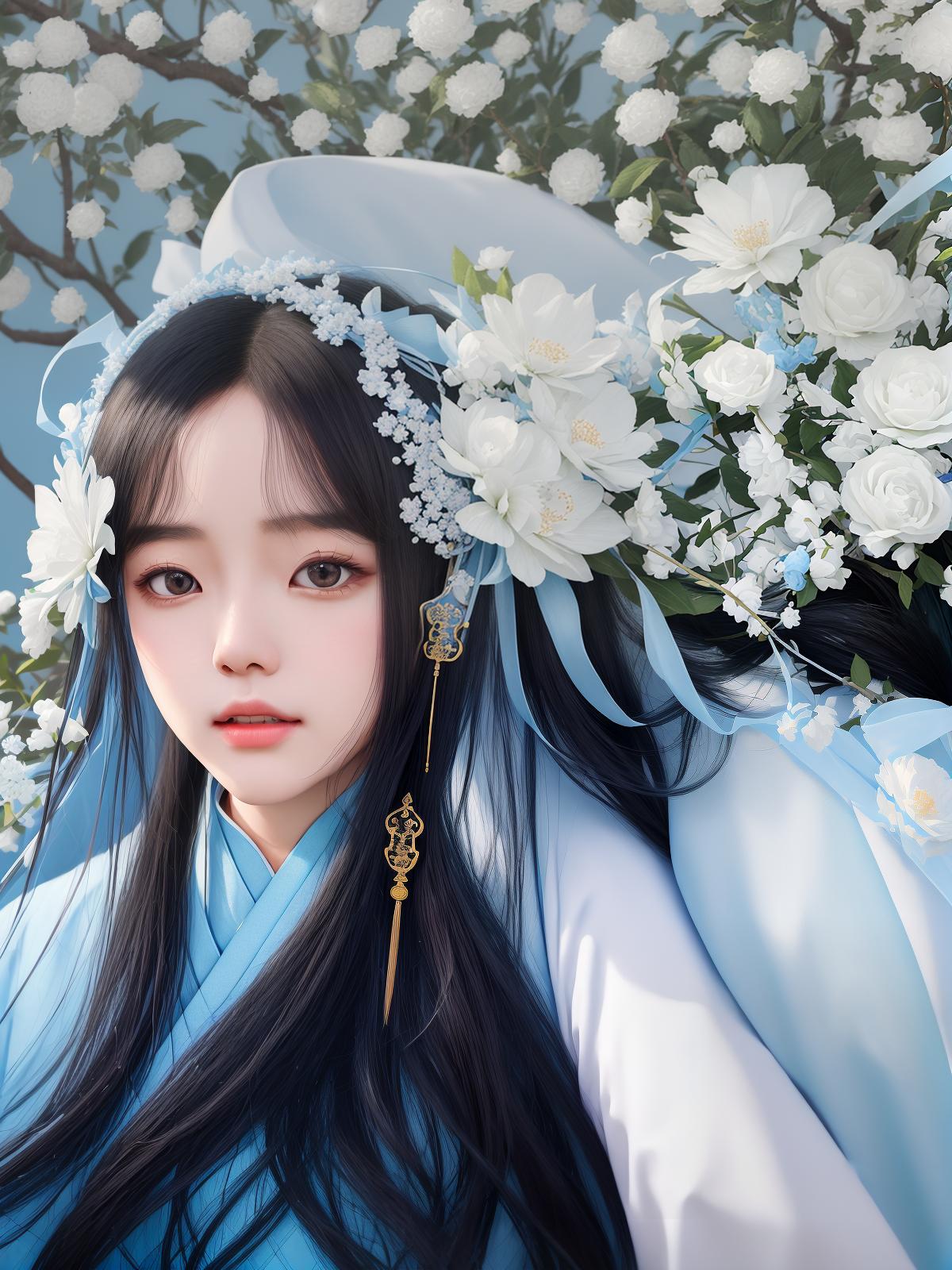  masterpiece, best quality, (Fidelity: 1.4), Best Quality, Masterpiece, Ultra High Resolution, Poster, Fantasy Art, Very Detailed Faces, 8k resolution, Chinese Style, An woman, Side Face, Quiet, Light Blue Hanfu, Tulle Coat, Long Black Hair, Light Blue Fringed Hair Ornament, Hairpin, White Ribbon, White Flower Bush, Light Blue Butterfly Flying, cinematic lighting effects