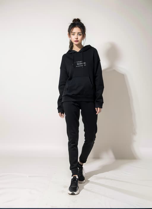  a woman wear a black sweatshirt,ADVERTISING PHOTO,high quality,masterpiece