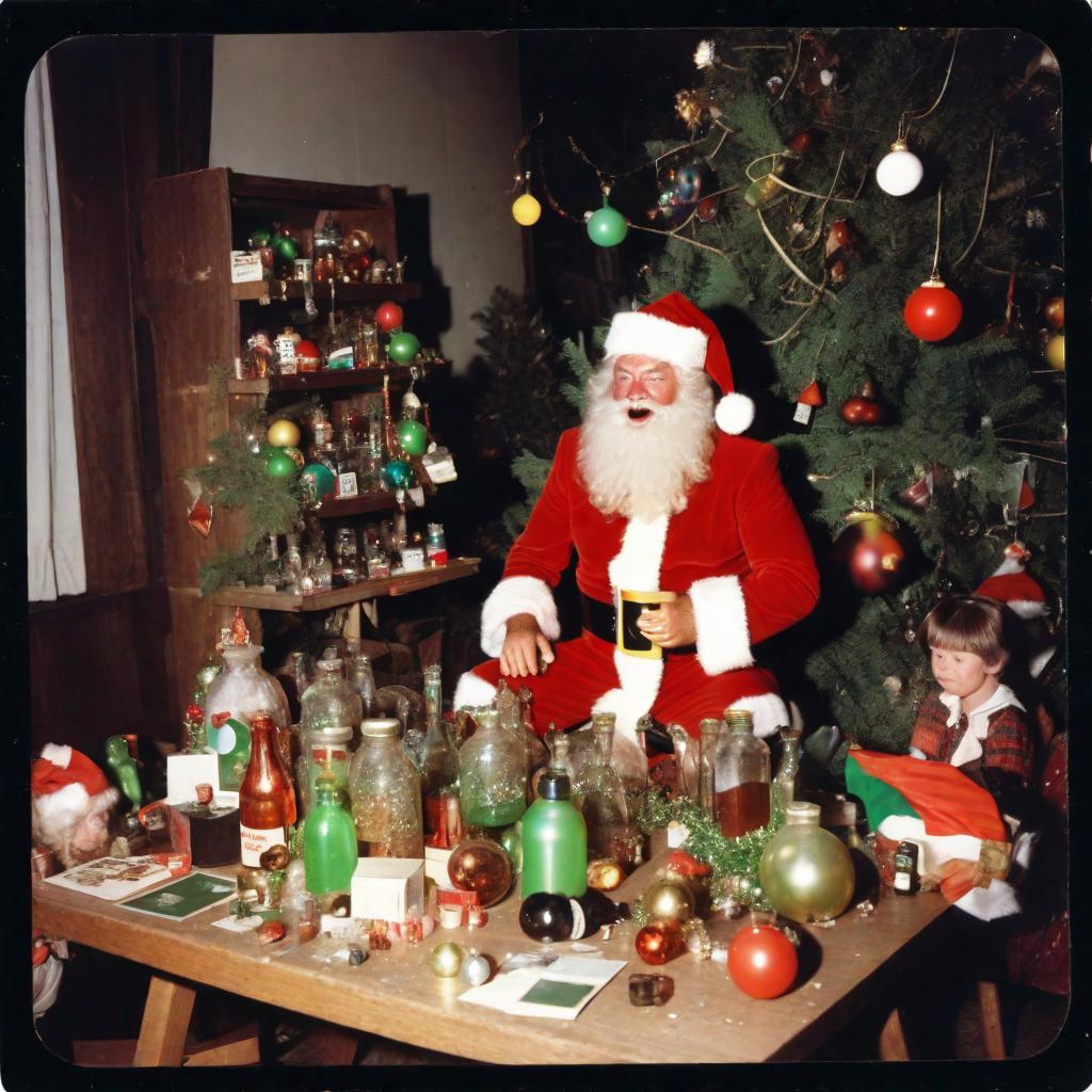  1979 instant Polaroid camera photo, drunk, dirty costume, Santa Claus, grotto,a greeny-brown goblin stands on a table, sinister toys,sprite hides in corner, boy & girl crying sat on, empty bottles and garbage heaps everywhere, tree, baubles, lights, cards, goblin, brownie, bells, rotten food, rotting cake --s2 hyperrealistic, full body, detailed clothing, highly detailed, cinematic lighting, stunningly beautiful, intricate, sharp focus, f/1. 8, 85mm, (centered image composition), (professionally color graded), ((bright soft diffused light)), volumetric fog, trending on instagram, trending on tumblr, HDR 4K, 8K