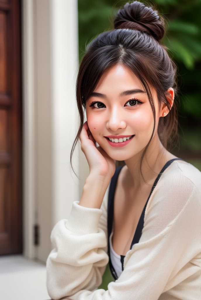  1 , tender smile, , bang hair, bun hair, big s, ADVERTISING PHOTO,high quality, good proportion, masterpiece , The image is captured with an 8k camera and edited using the latest digital tools to produce a flawless final result.
