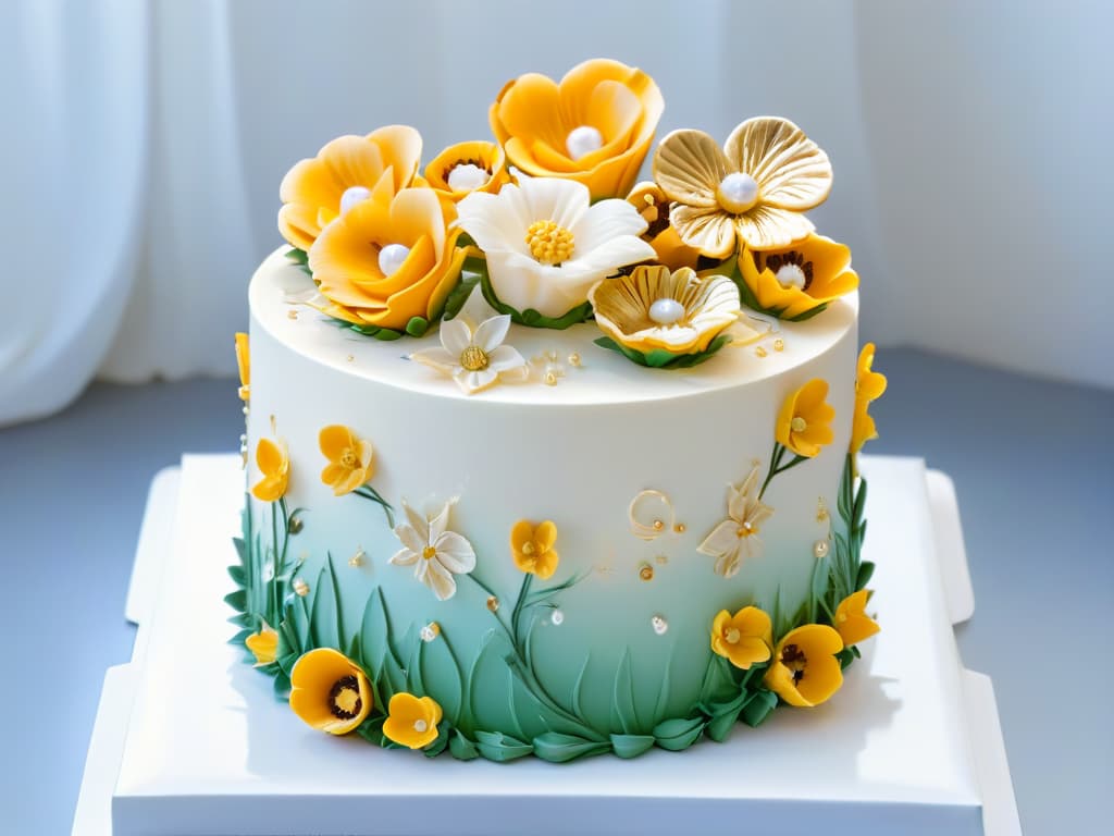  A closeup, ultradetailed image of a perfectly glazed and meticulously decorated multilayered cake, showcasing intricate piping work, delicate sugar flowers, and shimmering edible gold accents, all set against a clean, white background. The cake exudes elegance and sophistication, embodying the epitome of highend pastry craftsmanship. hyperrealistic, full body, detailed clothing, highly detailed, cinematic lighting, stunningly beautiful, intricate, sharp focus, f/1. 8, 85mm, (centered image composition), (professionally color graded), ((bright soft diffused light)), volumetric fog, trending on instagram, trending on tumblr, HDR 4K, 8K