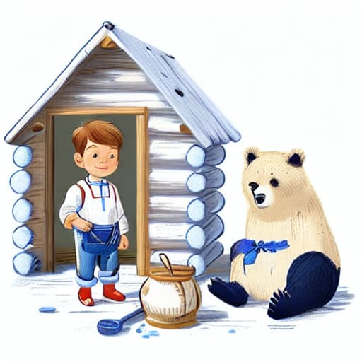  1boy, white shirt, blue jeans, in the cabin, a bear standing