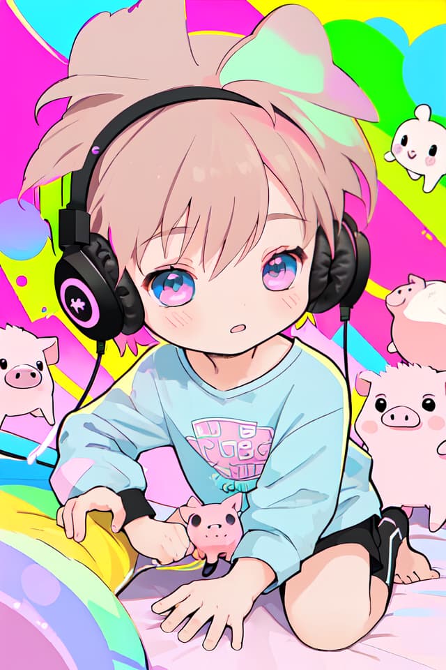  With headphones, young, boy, colorful, playing with pigs