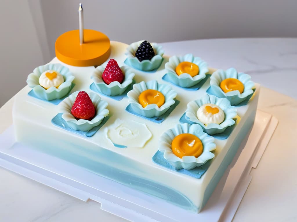  An ultradetailed image featuring an array of highquality pastry molds from top brands, elegantly displayed on a sleek, white marble countertop. Each mold is intricately designed, showcasing different shapes and sizes, reflecting the precision and variety offered by top pastry brands. The lighting is soft, enhancing the contours and textures of the molds, creating a visually striking and minimalist composition that embodies the essence of premium pastry craftsmanship. hyperrealistic, full body, detailed clothing, highly detailed, cinematic lighting, stunningly beautiful, intricate, sharp focus, f/1. 8, 85mm, (centered image composition), (professionally color graded), ((bright soft diffused light)), volumetric fog, trending on instagram, trending on tumblr, HDR 4K, 8K