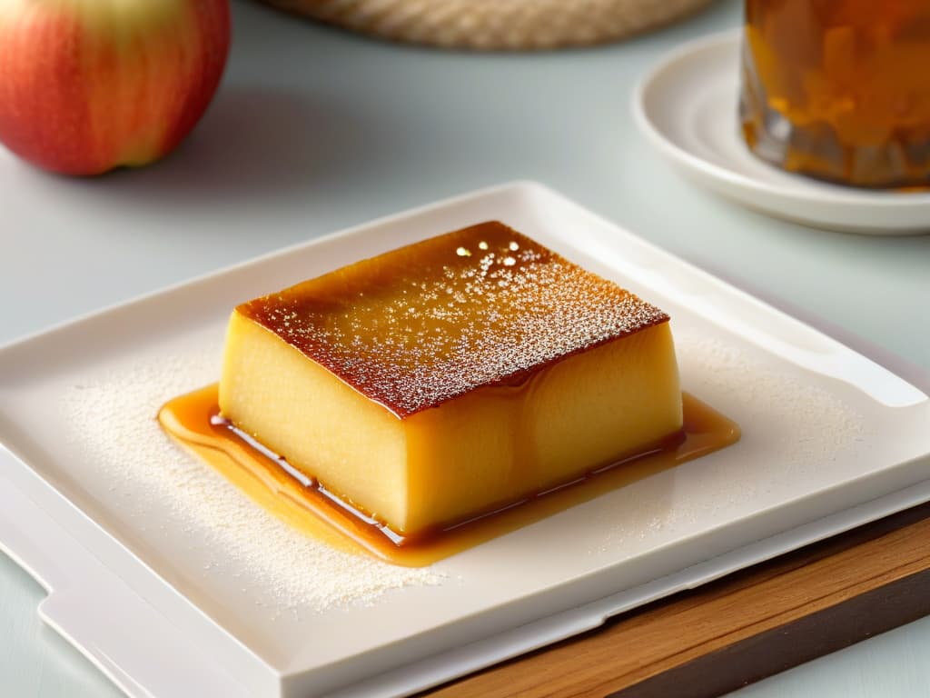  A closeup, ultradetailed image of a perfectly caramelized apple slice, showcasing a glossy, amberhued caramel coating with tiny air bubbles, placed delicately on a sleek, modern white plate. The apple slice is subtly garnished with a sprinkle of cinnamon dust, highlighting the intricate caramelization pattern and the natural curves of the fruit. The lighting is soft, casting a gentle shadow that accentuates the texture and depth of the caramelized layer, creating a visually striking and appetizing composition that embodies the essence of perfect caramelized apples. hyperrealistic, full body, detailed clothing, highly detailed, cinematic lighting, stunningly beautiful, intricate, sharp focus, f/1. 8, 85mm, (centered image composition), (professionally color graded), ((bright soft diffused light)), volumetric fog, trending on instagram, trending on tumblr, HDR 4K, 8K