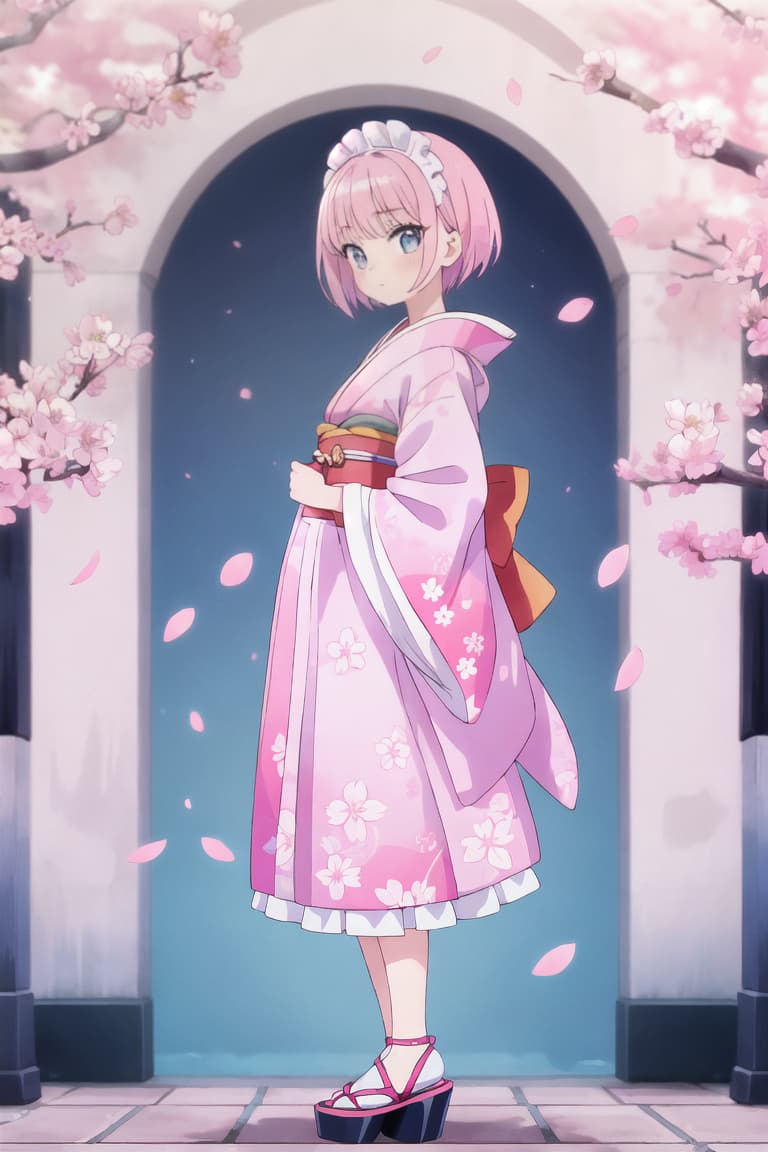  master piece , best quality,Girl, fluffy short cut, fluffy, pretty, light blue and pink gradient hair color, cherry blossom patterned maid kimono, short sideburns, bangs parted diagonally, standing facing front