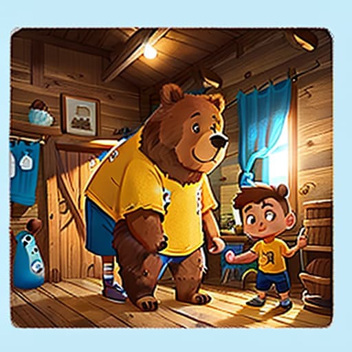  a boy with yellow shirt, short brown hair, blue shorts is standing next to a bear, in the cabin, dim light