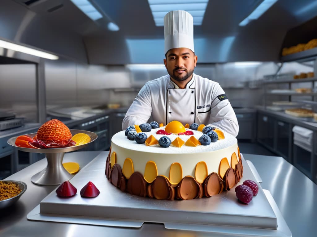  A photorealistic image of a modern pastry chef in a sleek, futuristic kitchen, surrounded by a diverse array of ingredients from around the world. The chef is skillfully blending traditional techniques with cuttingedge technology, creating a stunning fusion dessert that represents the global trends in pastry making of the 21st century. The image captures the essence of creativity, innovation, and cultural diversity in contemporary pastry artistry. hyperrealistic, full body, detailed clothing, highly detailed, cinematic lighting, stunningly beautiful, intricate, sharp focus, f/1. 8, 85mm, (centered image composition), (professionally color graded), ((bright soft diffused light)), volumetric fog, trending on instagram, trending on tumblr, HDR 4K, 8K