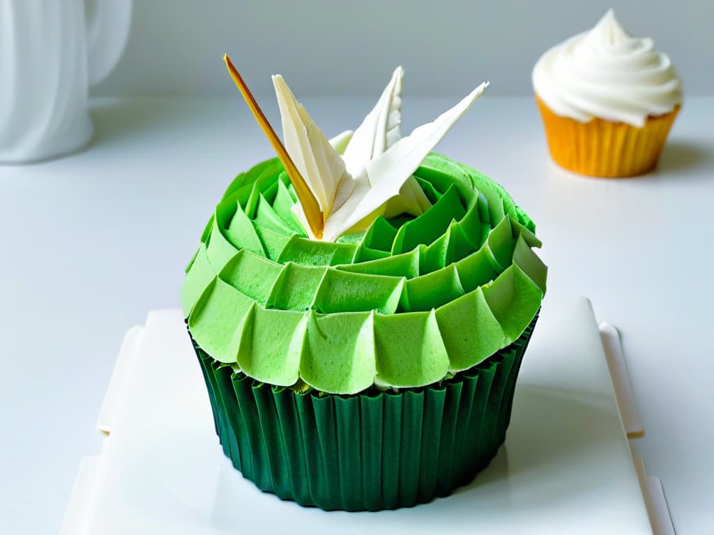  An intricately folded origami crane made entirely out of edible rice paper, delicately perched on a vibrant green matchaflavored cupcake. The details of the delicate folds in the paper crane are exquisitely captured, showcasing the artistry and precision of edible paper decoration in creative pastry design. hyperrealistic, full body, detailed clothing, highly detailed, cinematic lighting, stunningly beautiful, intricate, sharp focus, f/1. 8, 85mm, (centered image composition), (professionally color graded), ((bright soft diffused light)), volumetric fog, trending on instagram, trending on tumblr, HDR 4K, 8K