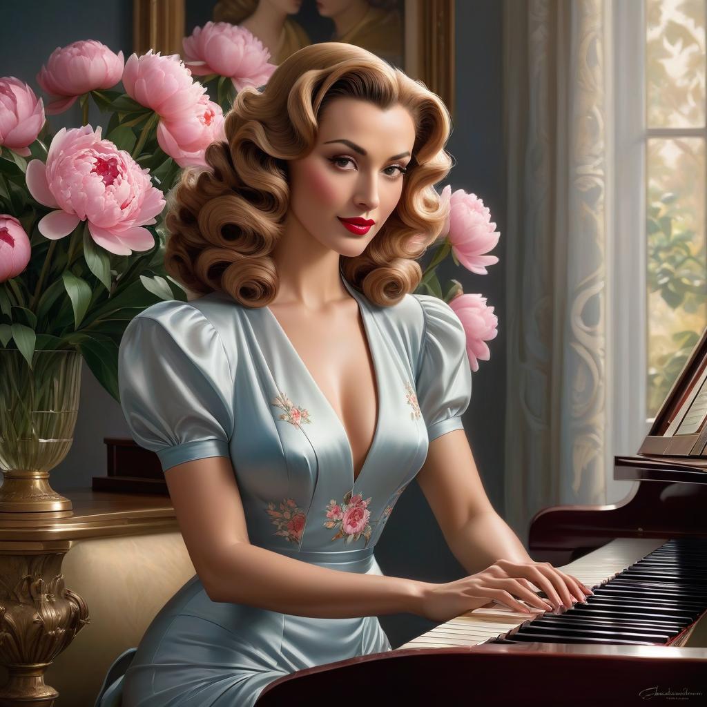  woman with 1940s Hollywood hairstyle, slightly wistful smile, ((Realistic face)) plays the piano. There is a vase with peonies on the piano. ethereal. ultra detailed. Style by Tamara de Lempicka, Daniel Gerhartz hyperrealistic, full body, detailed clothing, highly detailed, cinematic lighting, stunningly beautiful, intricate, sharp focus, f/1. 8, 85mm, (centered image composition), (professionally color graded), ((bright soft diffused light)), volumetric fog, trending on instagram, trending on tumblr, HDR 4K, 8K