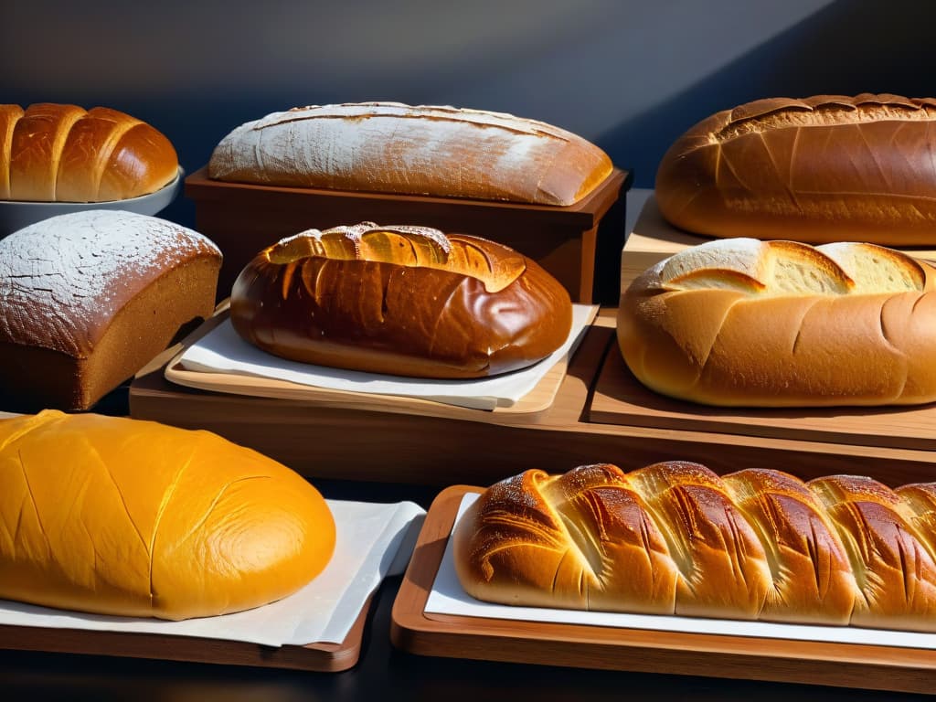  An ultradetailed image of a variety of international bread loaves displayed on a sleek, modern, and minimalist wooden table. Each loaf showcases intricate scoring patterns and unique shapes, representing different cultures and baking techniques. The breads are artfully arranged with a soft, natural light casting gentle shadows, highlighting the textures and details of each loaf. This visually stunning image captures the essence of the diverse world of breadmaking, inviting readers to explore the advanced techniques and secrets of artisanal baking. hyperrealistic, full body, detailed clothing, highly detailed, cinematic lighting, stunningly beautiful, intricate, sharp focus, f/1. 8, 85mm, (centered image composition), (professionally color graded), ((bright soft diffused light)), volumetric fog, trending on instagram, trending on tumblr, HDR 4K, 8K