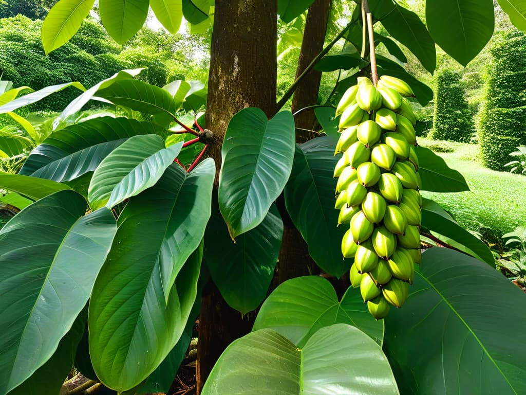  A closeup photorealistic image of a cacao tree in a lush, vibrant plantation, showcasing ripe cacao pods hanging from the branches against a backdrop of rich green foliage. The sunlight filters through the leaves, casting dappled shadows on the textured bark of the tree, capturing the essence of sustainable chocolate production and the beauty of nature's bounty. hyperrealistic, full body, detailed clothing, highly detailed, cinematic lighting, stunningly beautiful, intricate, sharp focus, f/1. 8, 85mm, (centered image composition), (professionally color graded), ((bright soft diffused light)), volumetric fog, trending on instagram, trending on tumblr, HDR 4K, 8K