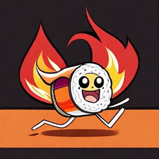  a sushi roll cartoon, on fire, running