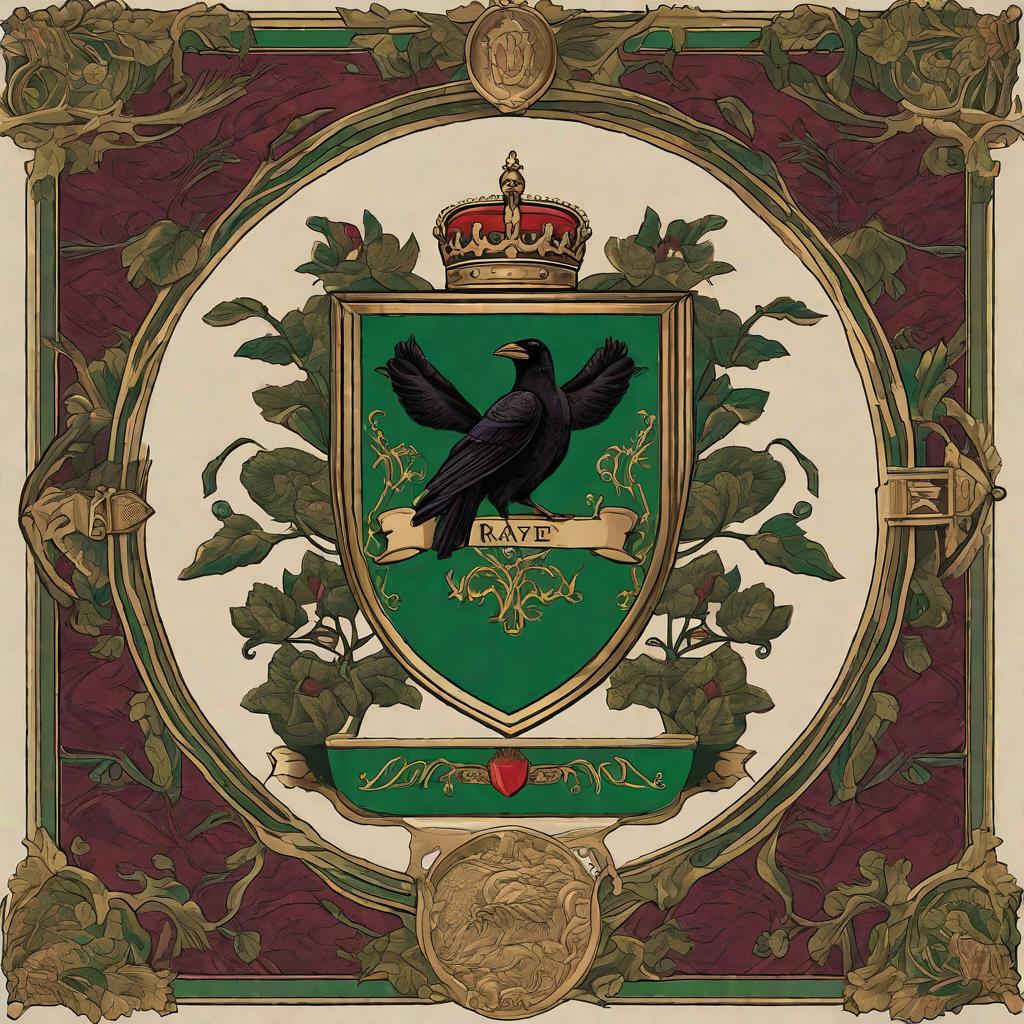  a family crest tapestry using green and blue, plums and ravens hyperrealistic, full body, detailed clothing, highly detailed, cinematic lighting, stunningly beautiful, intricate, sharp focus, f/1. 8, 85mm, (centered image composition), (professionally color graded), ((bright soft diffused light)), volumetric fog, trending on instagram, trending on tumblr, HDR 4K, 8K