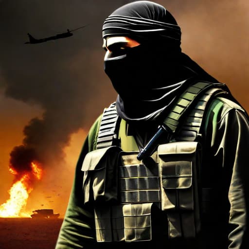  An illustration depicting the strong alliance between Hamas and ISIS, showcasing their mutual destructive ideologies and violent actions against innocent civilians in Israel. The illustration should capture the intense hostility and danger posed by this alliance. The composition could feature a menacing Hamas fighter and an ISIS militant standing together against a background of chaos and destruction. The lighting should be harsh, with dark shadows to enhance the sinister atmosphere. The color palette should consist of bold and contrasting tones, such as red and black, to convey a sense of urgency and danger. The aspect ratio should be 1:1 to ensure the illustration's optimal display on social media platforms. hyperrealistic, full body, detailed clothing, highly detailed, cinematic lighting, stunningly beautiful, intricate, sharp focus, f/1. 8, 85mm, (centered image composition), (professionally color graded), ((bright soft diffused light)), volumetric fog, trending on instagram, trending on tumblr, HDR 4K, 8K