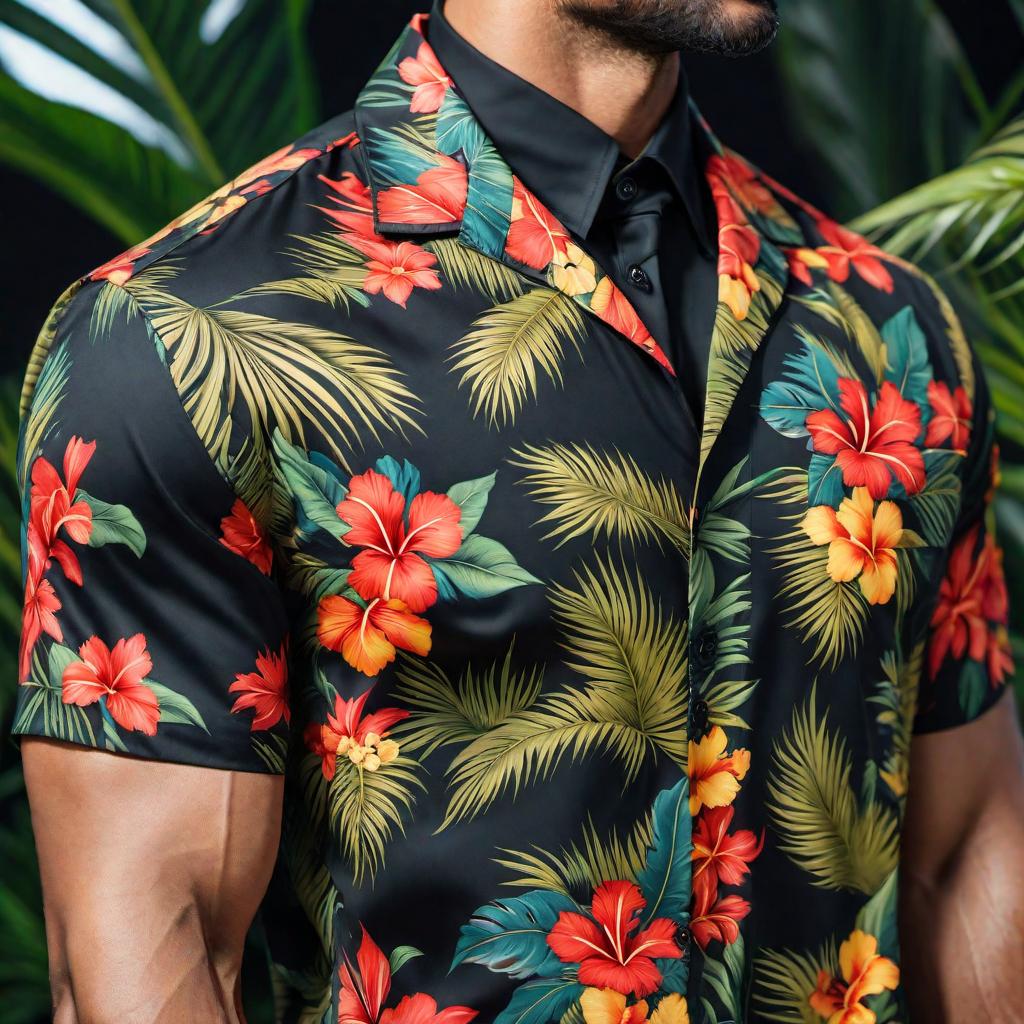  a blacked out Hawaiian shirt design hyperrealistic, full body, detailed clothing, highly detailed, cinematic lighting, stunningly beautiful, intricate, sharp focus, f/1. 8, 85mm, (centered image composition), (professionally color graded), ((bright soft diffused light)), volumetric fog, trending on instagram, trending on tumblr, HDR 4K, 8K