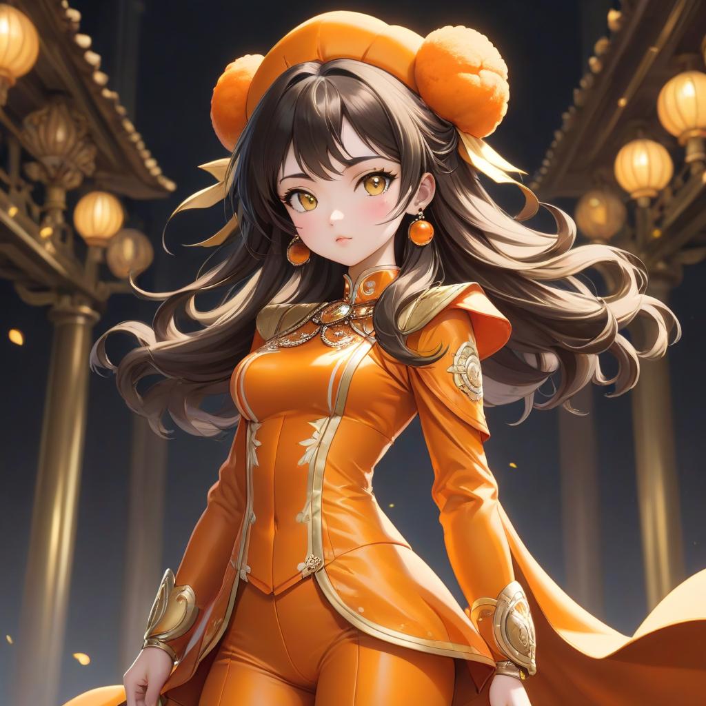  A cartoon girl in an orange costume with gold jewelry, in the style of miho hirano, light yellow and dark brown, close up, traditional costumes, childlike simplicity, comic art, tondo hyperrealistic, full body, detailed clothing, highly detailed, cinematic lighting, stunningly beautiful, intricate, sharp focus, f/1. 8, 85mm, (centered image composition), (professionally color graded), ((bright soft diffused light)), volumetric fog, trending on instagram, trending on tumblr, HDR 4K, 8K