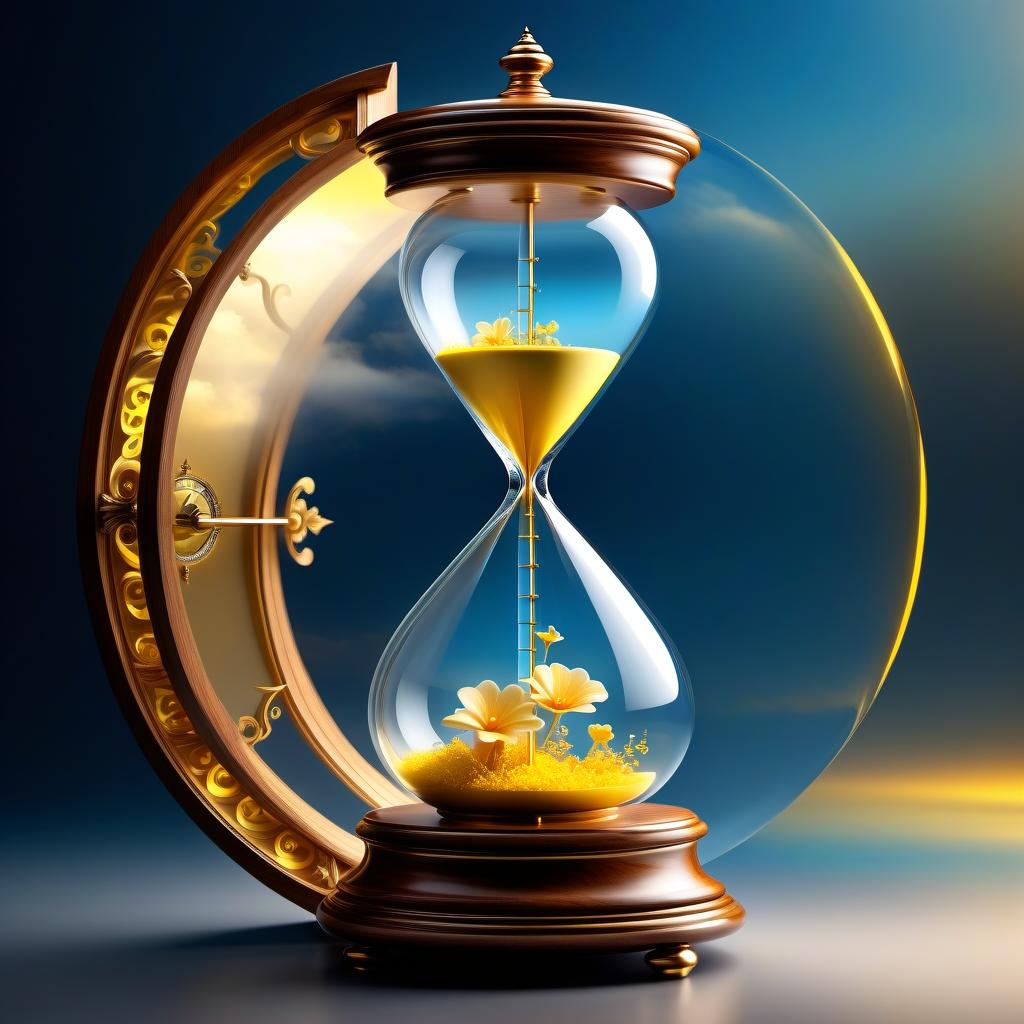  ethereal fantasy concept art of (Fancy hourglass). clock design: wooden carved case lacquered. Bowls of transparent glass. Inside the top bowl of the clock the rising sun is displayed. Around the sun is a blue sky and white, golden pink clouds. (Inside the lower bowl of the clock):A nighttime, dark blue sky with a bright yellow month with a silvery cast. Beneath the sky are mountains covered with blue white snow, shimmering with different colours of the rainbow. Background: gradient: in the lower part of the background the structure of sand. In the upper part of the background perispherical clouds in the blue sky. Style: philosophical romantic fantasy. . magnificent, celestial, ethereal, painterly, epic, majestic, magical, fantasy art, cov hyperrealistic, full body, detailed clothing, highly detailed, cinematic lighting, stunningly beautiful, intricate, sharp focus, f/1. 8, 85mm, (centered image composition), (professionally color graded), ((bright soft diffused light)), volumetric fog, trending on instagram, trending on tumblr, HDR 4K, 8K