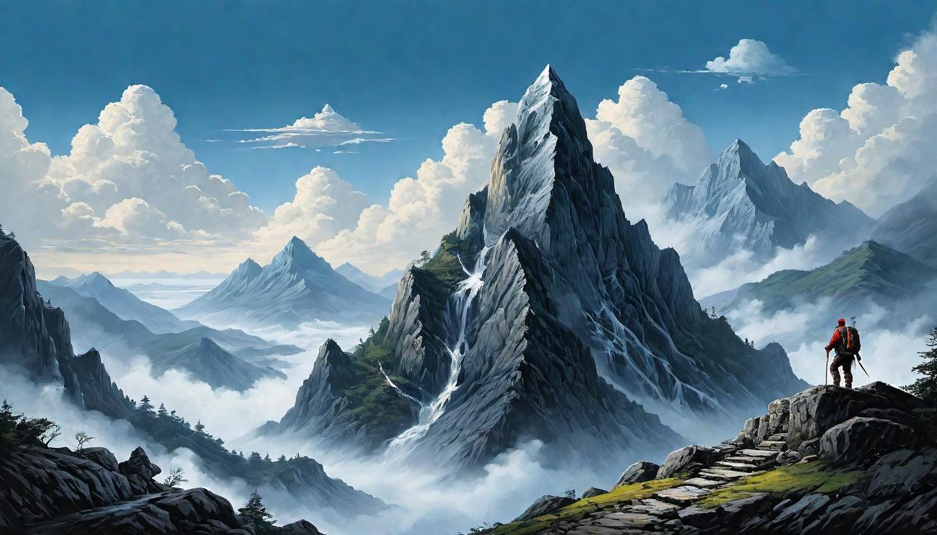  （surrealism)each challenge depicted as mountain, figure climbs relentlessly, various obstacles, rocky terrain, resilience and persistence mystic, intricate details, best quality)